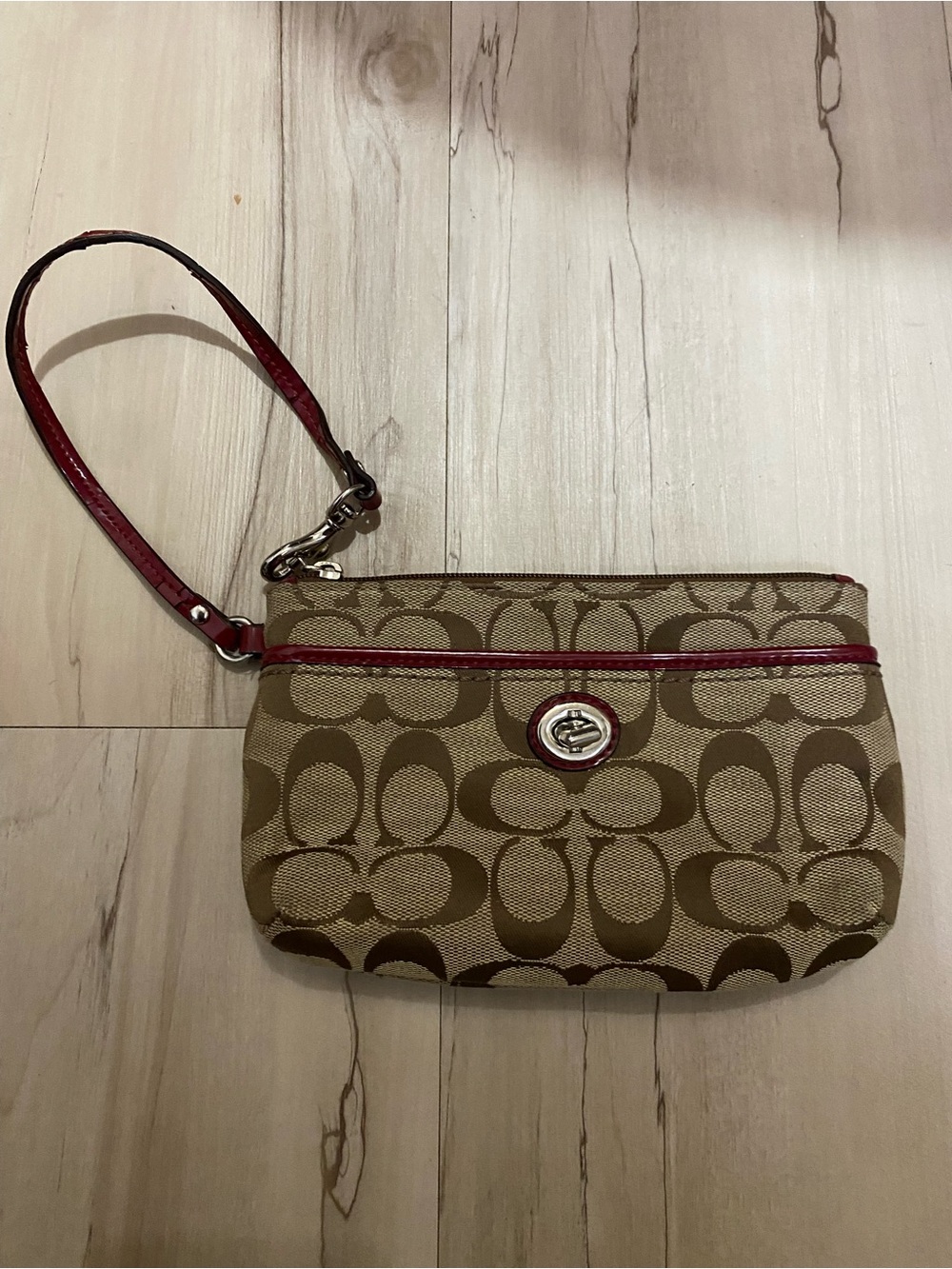 Coach Khaki Signature Canvas Wristlet with Red Trim